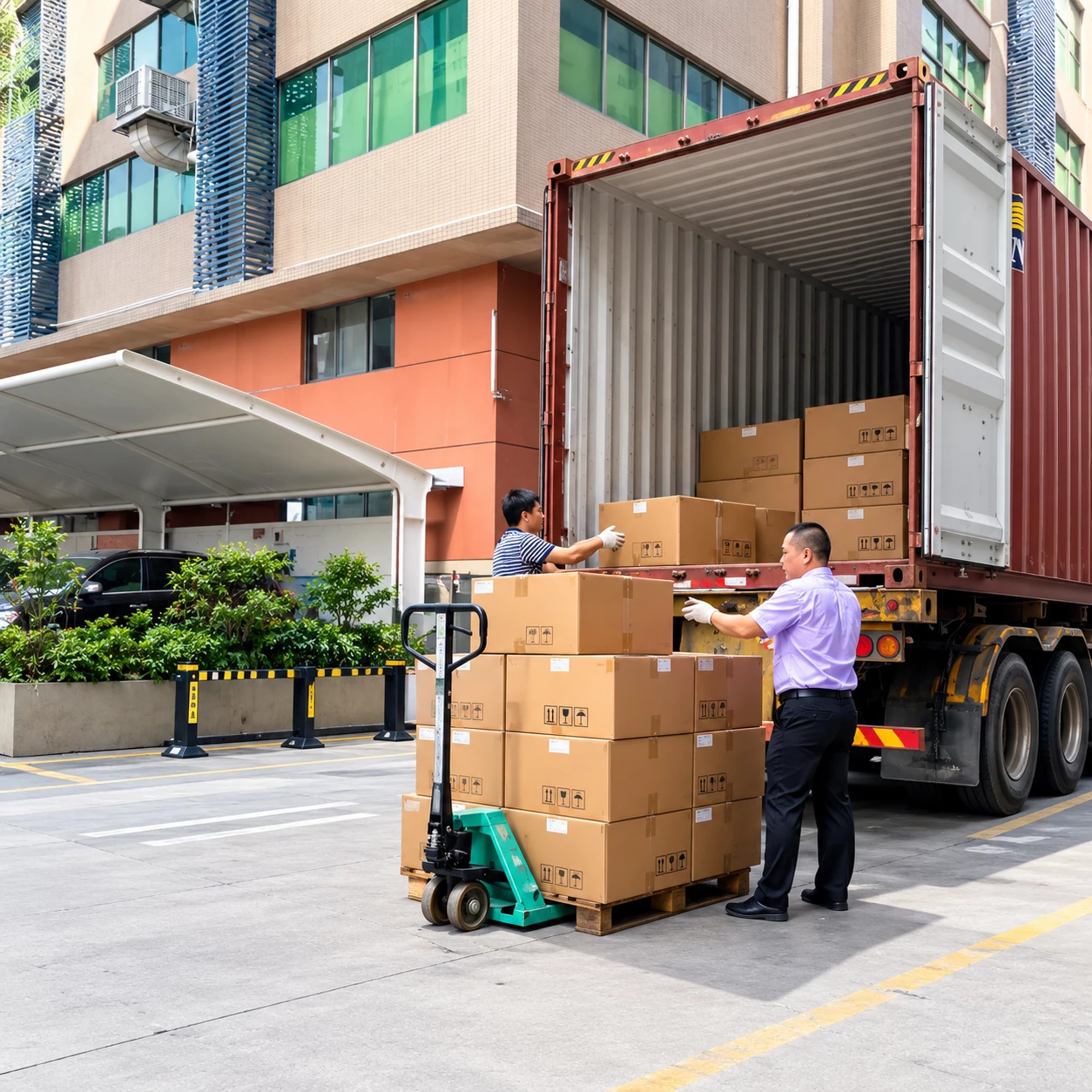 Workers loading export cartons into a shipping container