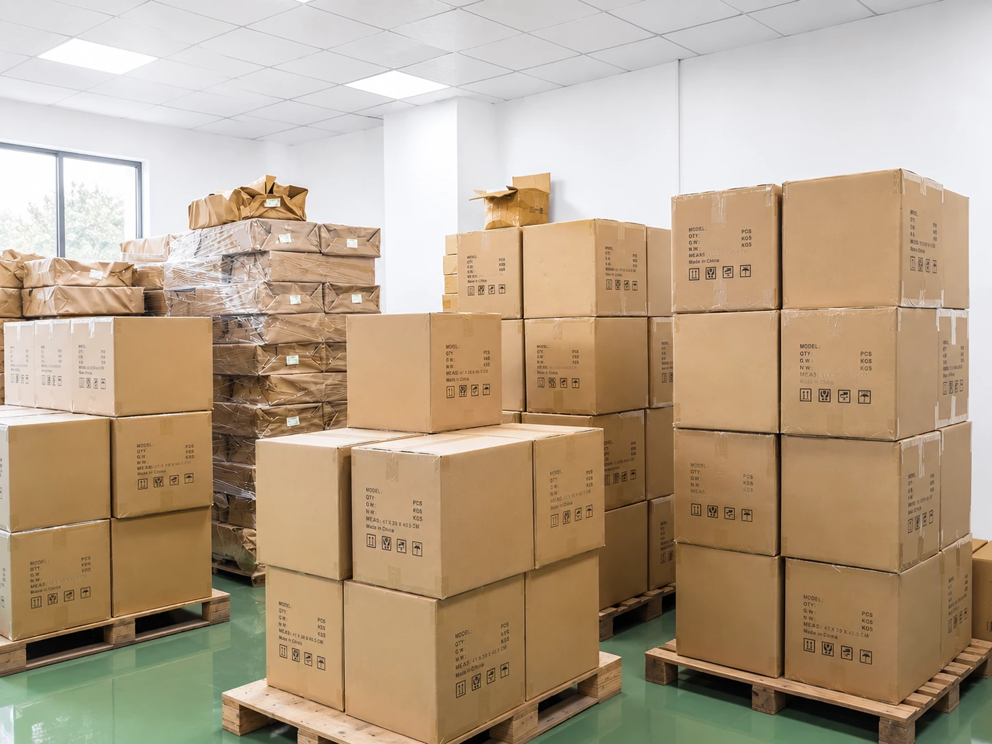 Packed product cartons organized in the Vantrend Beauty warehouse