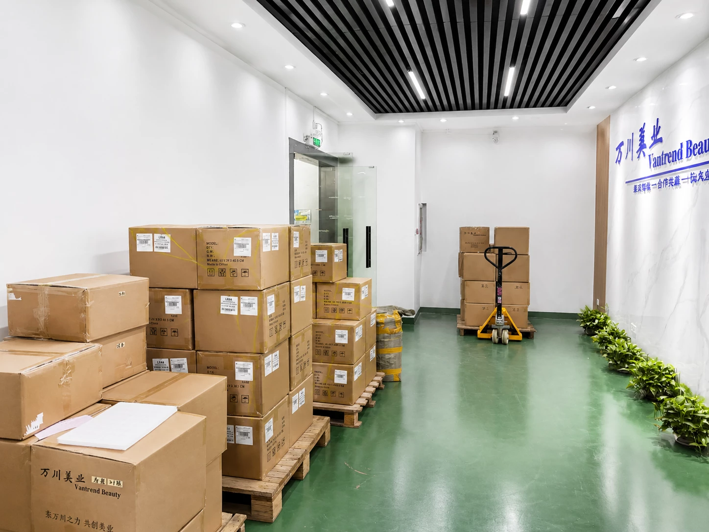 Export cartons staged for shipment at Vantrend Beauty
