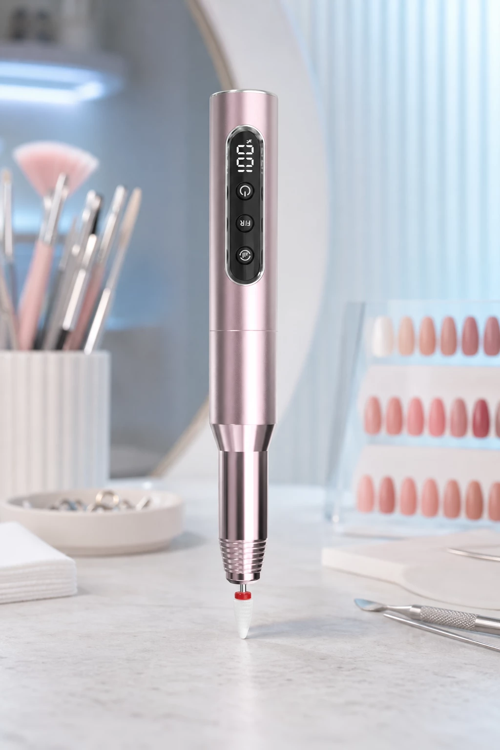 VC-16A cordless nail drill in a professional nail salon workspace