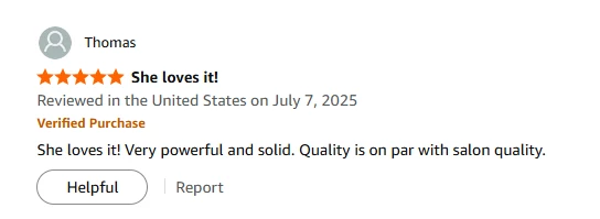 Customer review praising VC-16A salon-quality performance